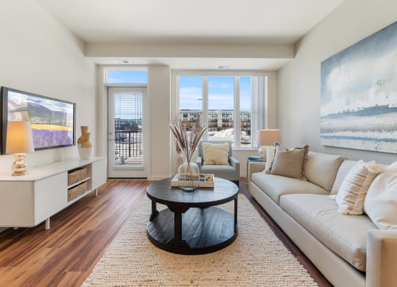 Model Living Room at Harbor at Twin Lakes 55+ Apartments, Roseville, Minnesota