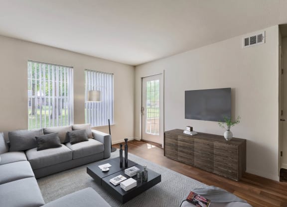 Living Room With TV at Lakecrest Village, Houston, TX 77078