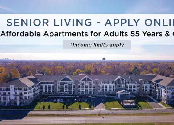 Exterior at The Legends of Spring Lake Park 55+ Living, Minnesota, 55432 with Senior & Affordable Banner Text