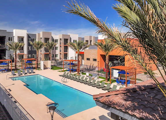 A swimming pool is surrounded by lounge chairs and palm trees.