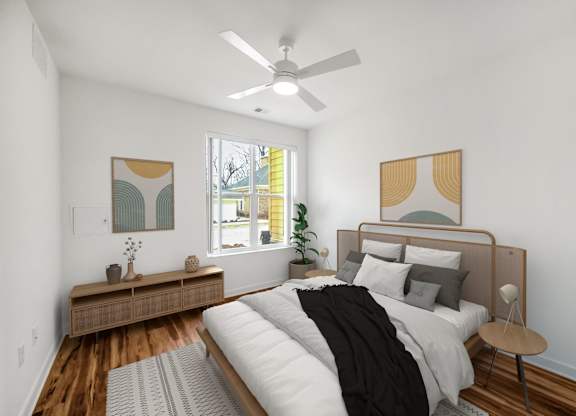 Bedroom With Ceiling Fan at Creekridge on The Park, Charlotte, NC