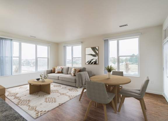A living room with a grey couch, a wooden coffee table, and a rug.
