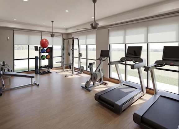 A gym with treadmills, elliptical machines, and other exercise equipment.