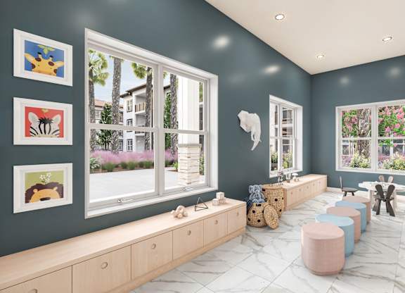 A room with a long bench and pictures on the wall at Maison at Solivita Marketplace Apartment Homes, Kissimmee, 34758
