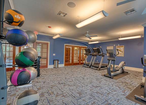 a gym with treadmills and other exercise equipment in a building with blue walls at Mariposa at South Broadway, Joshua Texas