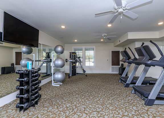 a gym with treadmills and other exercise equipment and a tv at Mariposa at Westchester, Grand Prairie