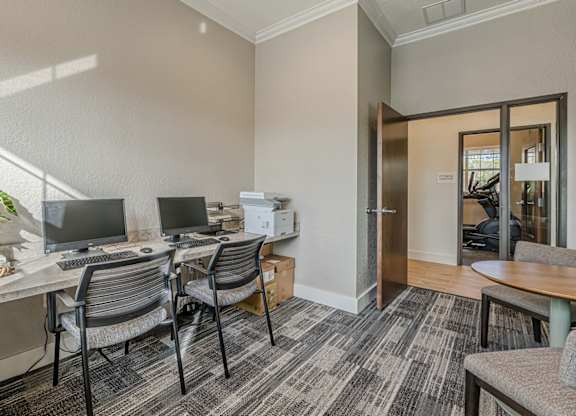 A room with a desk, chairs, and a plant.