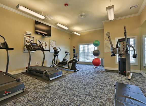 a gym with treadmills and other exercise equipment and a television