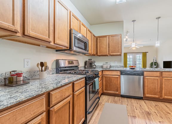 Furnished Kitchen at Mariposa at Spring Hollow Saginaw 55+ Apartments, Saginaw, TX 76131