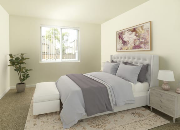 a white bedroom with a bed and a window
