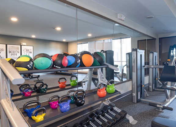 A gym with a variety of equipment including kettlebells, dumbbells, and weight plates.