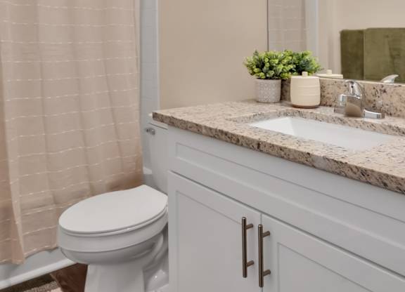A white toilet sits next to a marble counter in a bathroom.