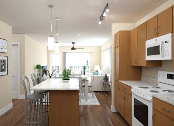 A kitchen with a white stove top oven and a whiteTownhomes on Earley_D1_TH_1FL_interior render 2.jpg