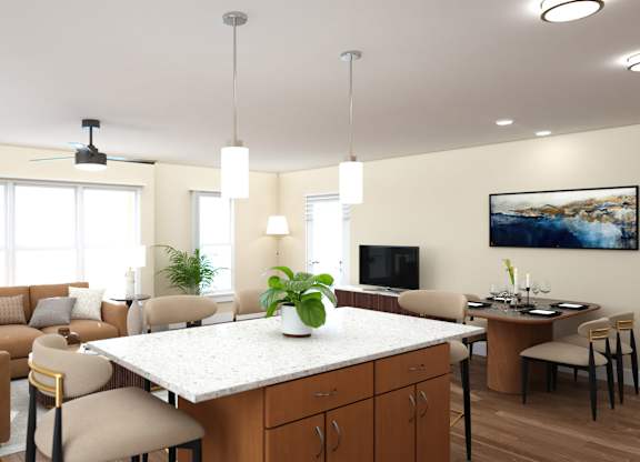 Open living room with kitchen island and dining space at Turquoise Trail Apartments, New Mexico
