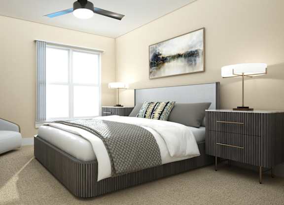Bedroom with modern gray furniture and large window at Turquoise Trail Apartments, Santa Fe, 87508