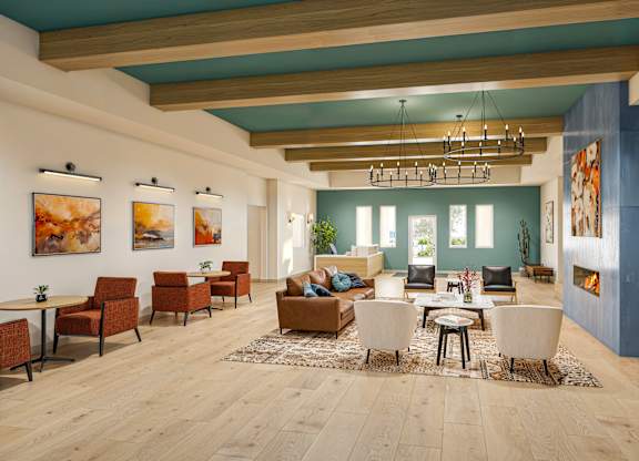 Spacious resident lounge with wood beam ceiling at Vivir at Ballpark Village Apartments, Goodyear, AZ