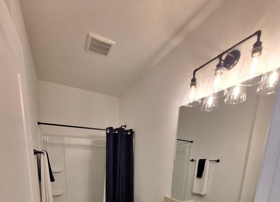 a bathroom with a shower and a sink and a mirror