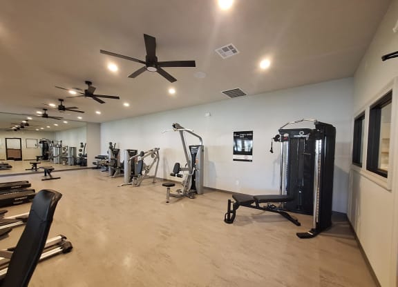 a gym with weights and cardio machines and ceiling fans