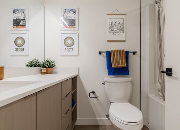 A bathroom with a toilet, sink, and pictures on the wall.