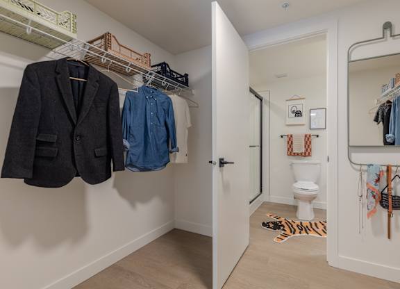 A white bathroom with a toilet and a mirror.