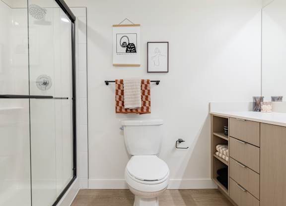 A white toilet in a bathroom with a white shower and a white cabinet.