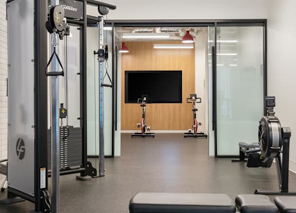 A gym with a variety of equipment including a squat rack, a bench, and a rowing machine.