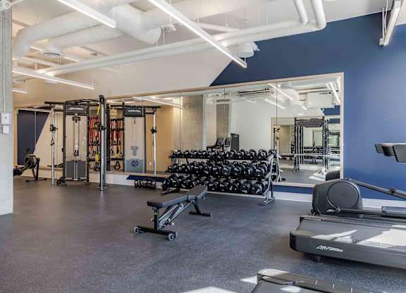 A gym with a variety of equipment including weights and a treadmill.