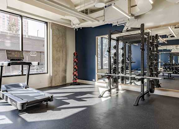 A gym with a treadmill, weights, and other equipment.