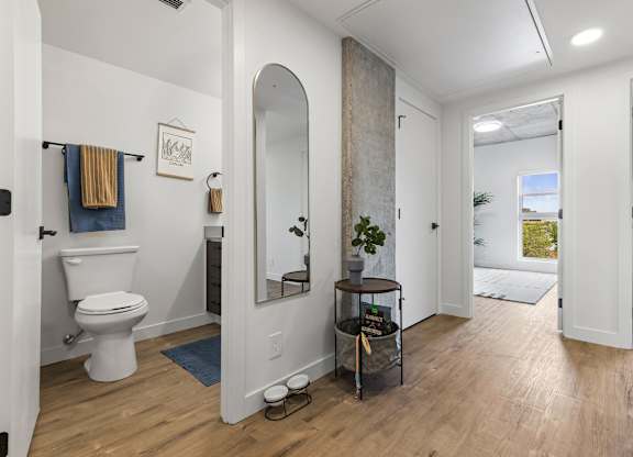 A bathroom with a toilet, sink, mirror, and a plant.