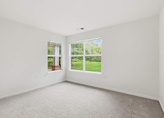 A room with white walls and carpeted floor with a window showing greenery outside.
