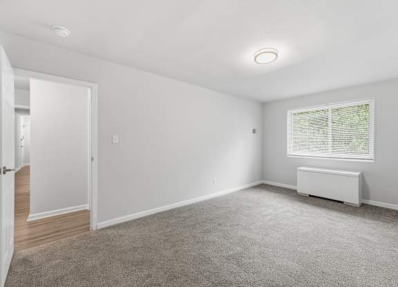 A room with a window and a radiator on the wall.
