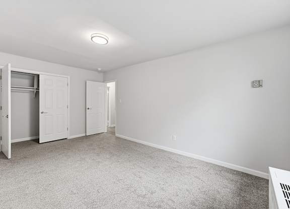 A white room with a carpeted floor and a ceiling light.
