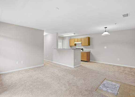 A room with a carpeted floor and a kitchenette in the corner.
