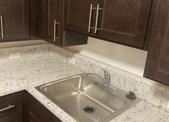 A modern kitchen with a stainless steel sink and dark brown cabinets.
