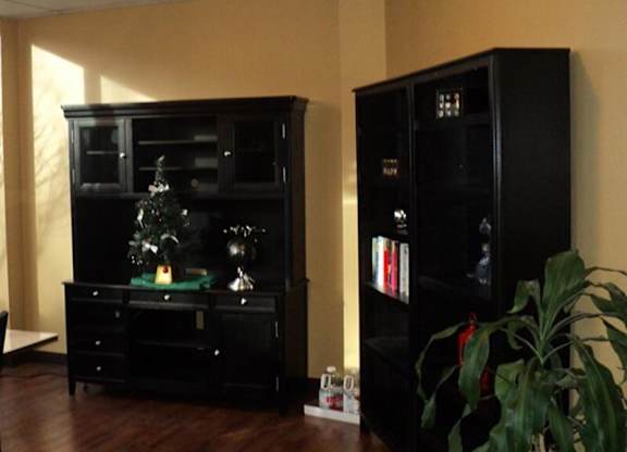 A black cabinet with a small Christmas tree on top of a dresser.