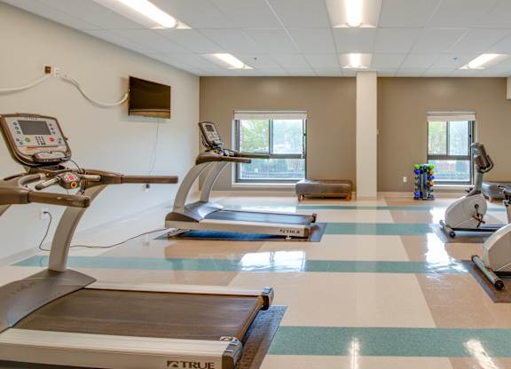 A gym with treadmills and elliptical machines.