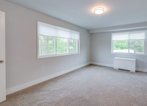 A white room with a window and a carpet.