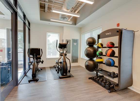 A gym with a variety of equipment including a treadmill, stationary bike, and a rack of exercise balls.