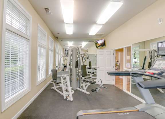 A well-equipped home gym with a treadmill, weights, and exercise machines.