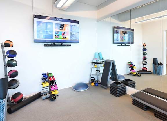 A room with a treadmill, exercise balls, and a television.