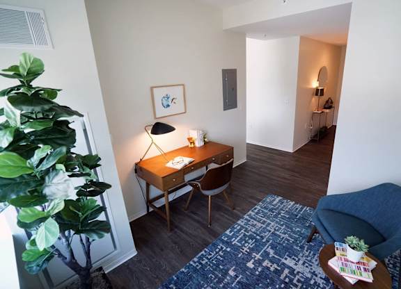A room with a desk, chair, and potted plant.