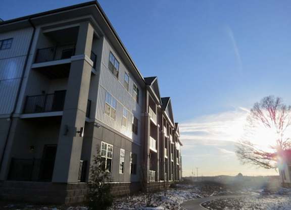 Apartment buildings with a clear sky and sunlight shining through the trees.