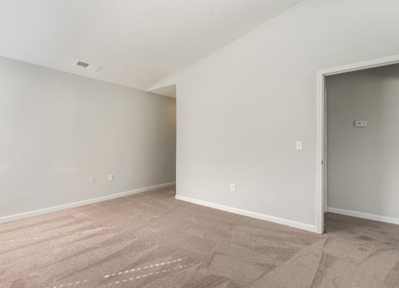 an empty living room with carpet and a door to a bedroom