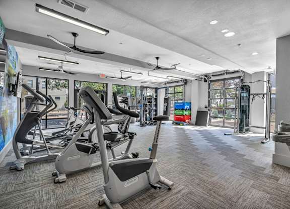A gym with treadmills, elliptical machines, and other exercise equipment.