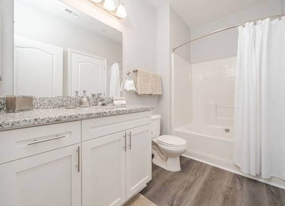 a bathroom with white cabinets and a shower and a toilet
