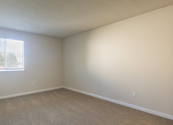 an empty bedroom with carpet and a window