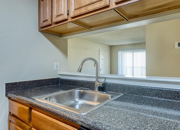 the kitchen has granite counter tops and a stainless steel sink