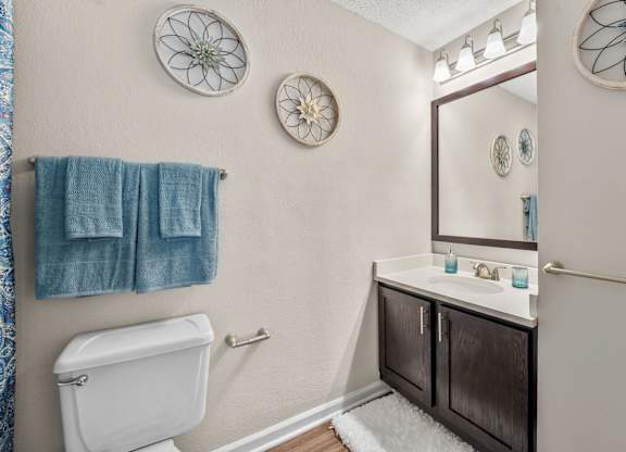 A bathroom with a toilet, sink, and mirror.
