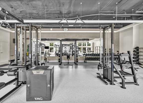 A gym with a variety of equipment including a TAG box.