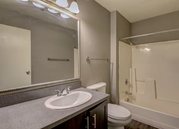 a bathroom with a shower sink and toilet and a mirror